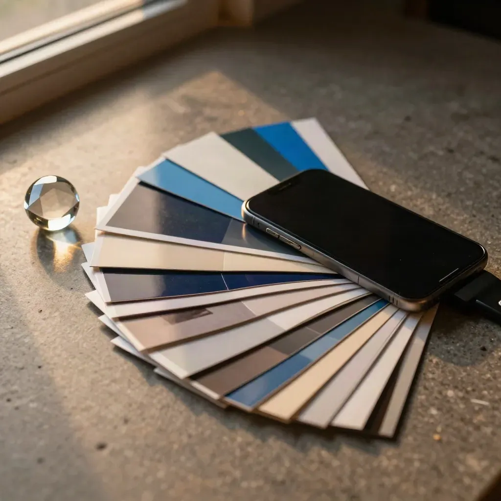 Macro still life of Meta campaign test materials beside a phone dock on brushed stone with blue accent