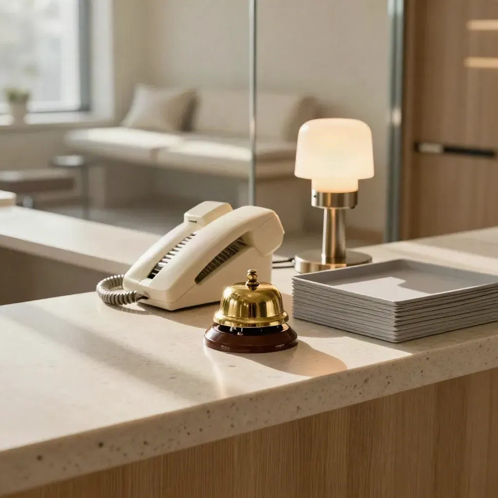 Clinic reception desk with bell, phone cradle, and warm lamp in a calm modern interior