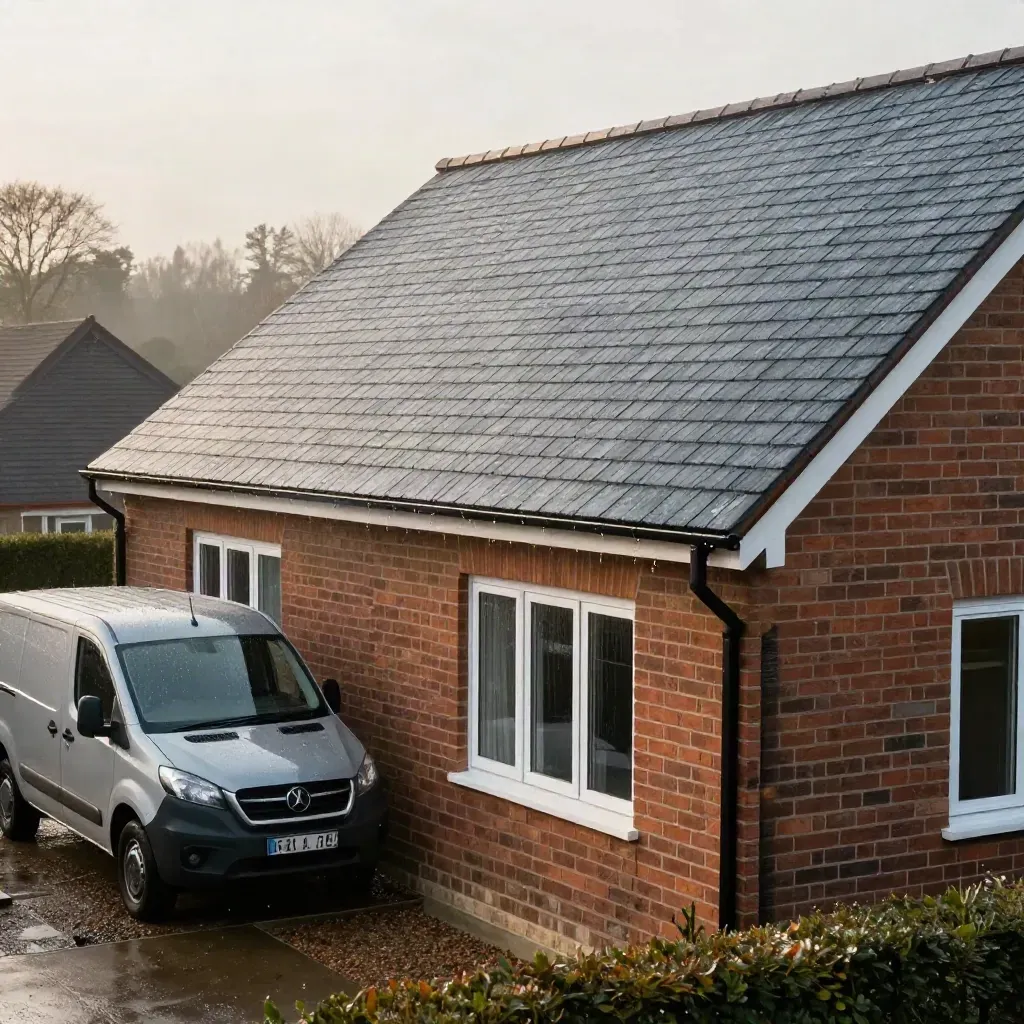 Completed brick house roof beside a parked work van, wet gutters and drizzle, low exterior view.