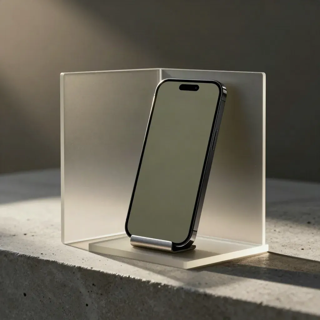Frosted layout panels and a blank phone mockup on acrylic under dramatic studio light.