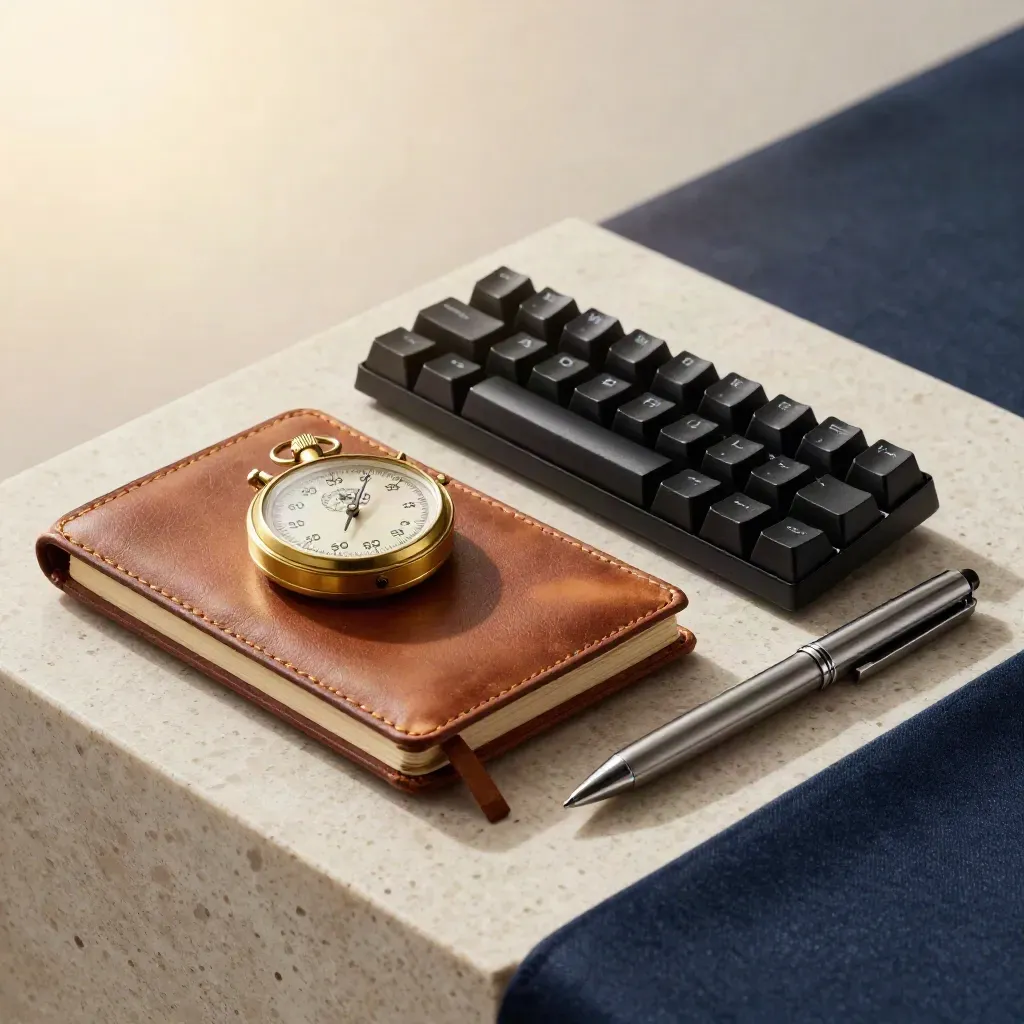 Macro still life of leather notebook, brass stopwatch, keycaps and pens on travertine.