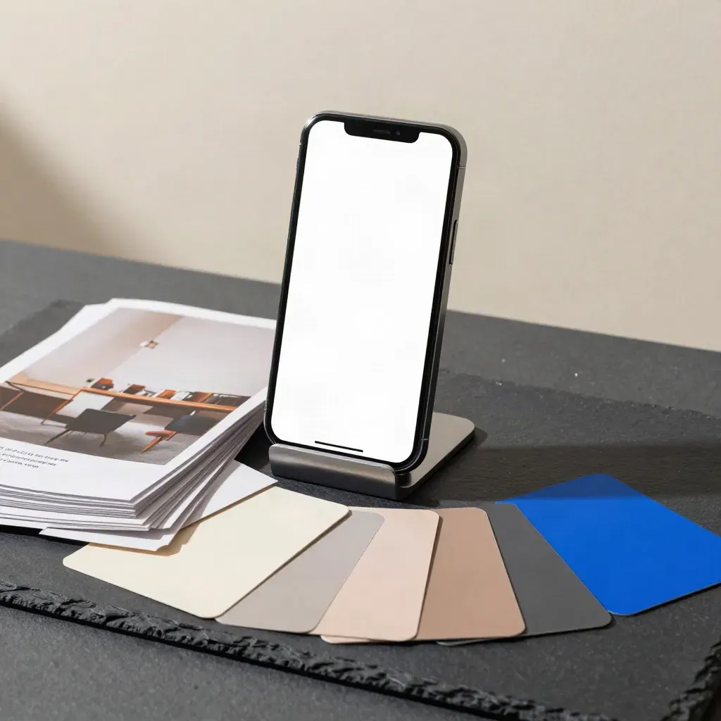 Vertical ad mockups and swatches on slate with electric-blue accents in dramatic studio light.
