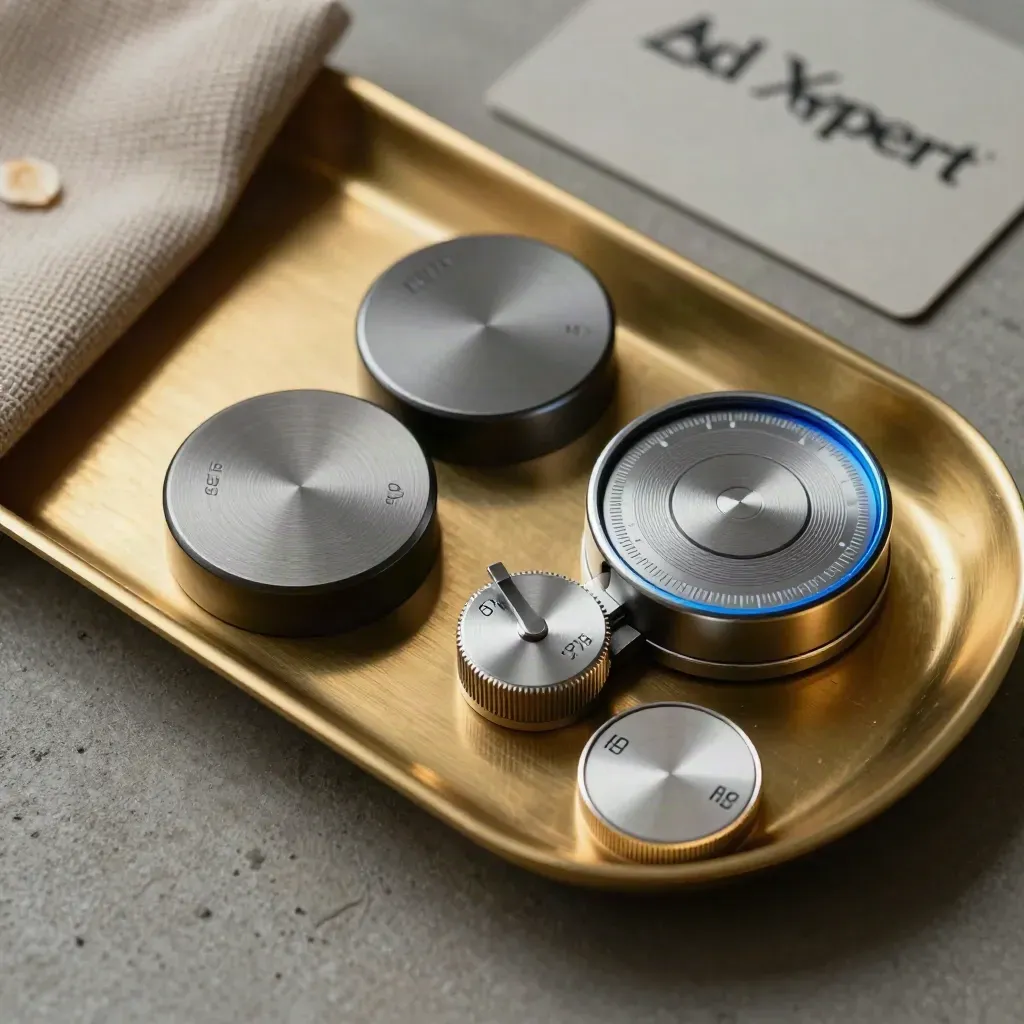 Brass tray with optimisation tokens, dial, and metric puck on concrete in soft side light.