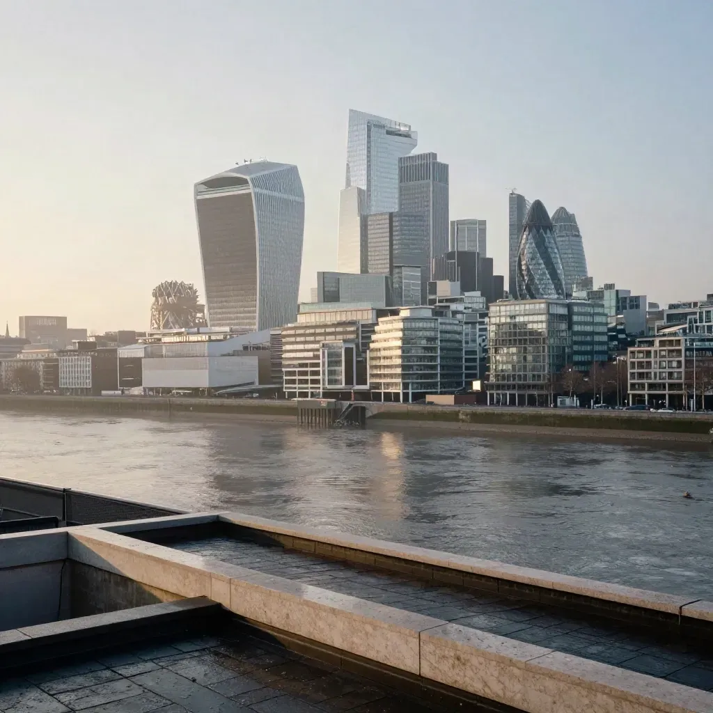 London skyline over the Thames at dawn with mist and wet rooftops
