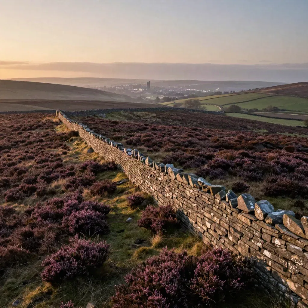 Yorkshire moorland with stone walls and a faint city skyline under hazy evening light